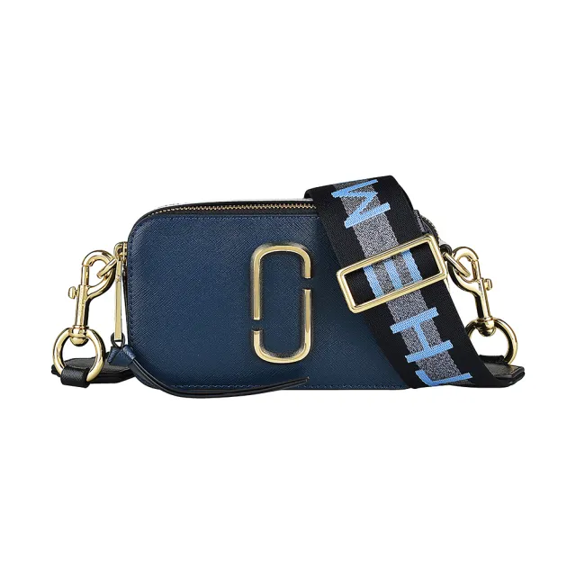 【MARC JACOBS】MARC JACOBS  Snapshot金字LOGO防刮牛皮拼色雙層拉鍊斜背相機包(新海藍x黑x灰)