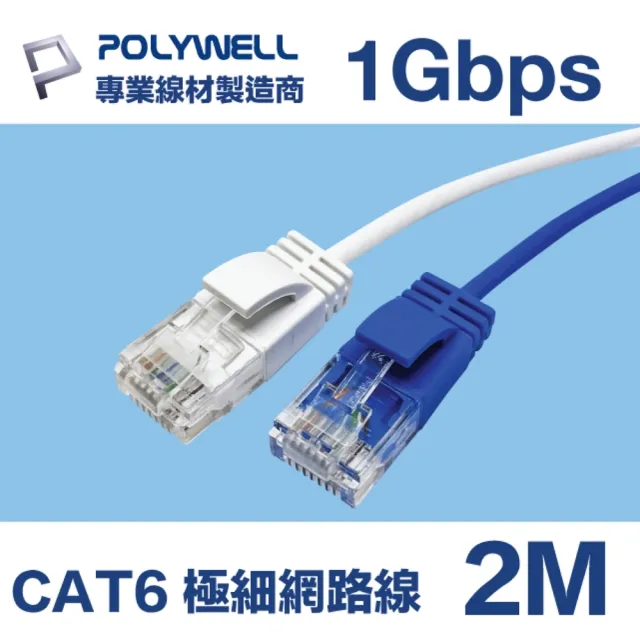 【POLYWELL】CAT6 極細高速網路線 1Gbps 2M(適合ADSL/MOD/Giga網路交換器/無線路由器)