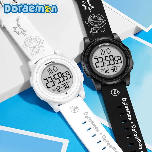 【Doraemon 哆啦A夢】經典塗鴉錶帶 大螢幕顯示 多功能防水電子錶(兒童 學生 青少年 手錶)