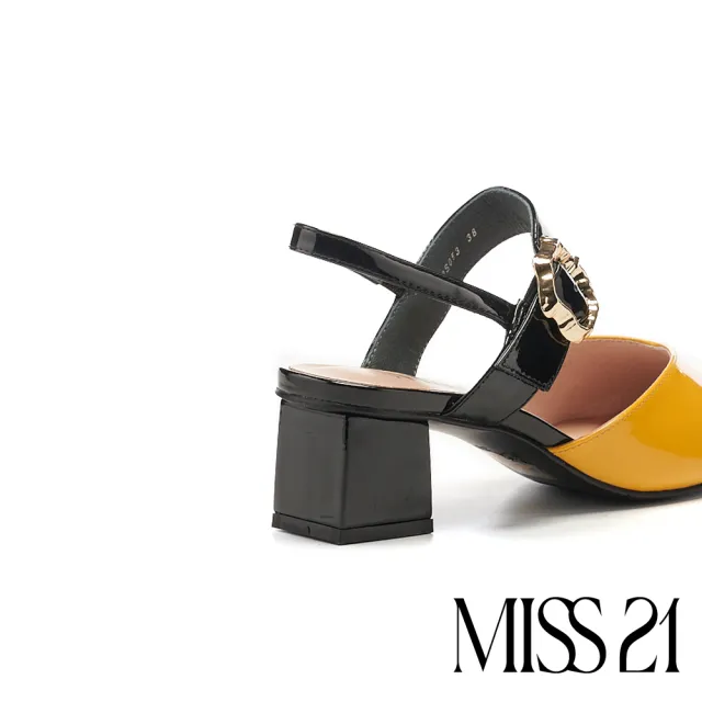 【MISS 21】魅力金屬飾釦漆皮尖頭高跟穆勒拖鞋(橙)