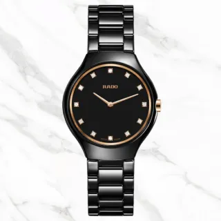 【Rado 雷達表】True Thinline真薄系列 全陶瓷超薄鑲鑽女腕錶-黑30mmR05(R27742722 石英)