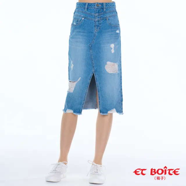 【BLUE WAY】女款 雲朵丹寧 高腰 雙V 及膝窄裙 牛仔裙-ETBOITE箱子（其他規格）