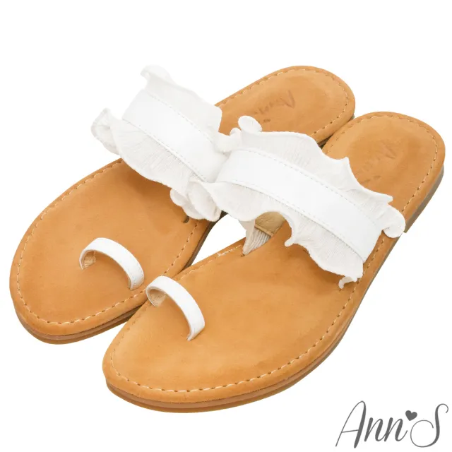 【Ann’S】水洗牛皮-立體蕾絲夾腳套指圓頭涼鞋(白)