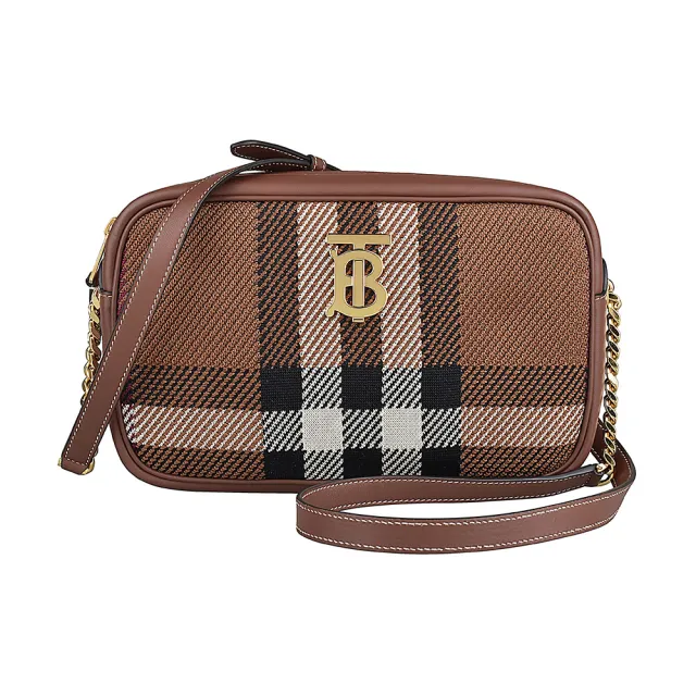 【BURBERRY 巴寶莉】BURBERRY Lora 金字TB LOGO織布拉鍊相機包(深棕)