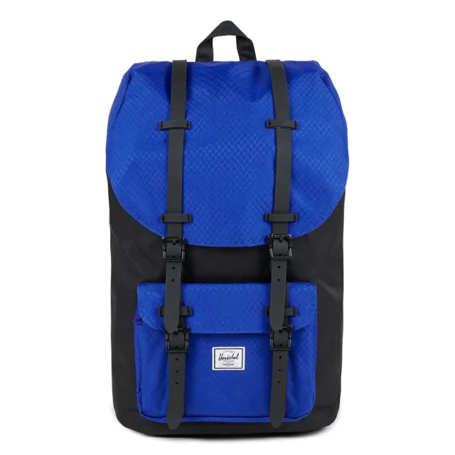 【Herschel】Little America 中型 黑色 藍色菱格紋 磁扣 橡膠帶 筆電夾層 大容量 帆布 背