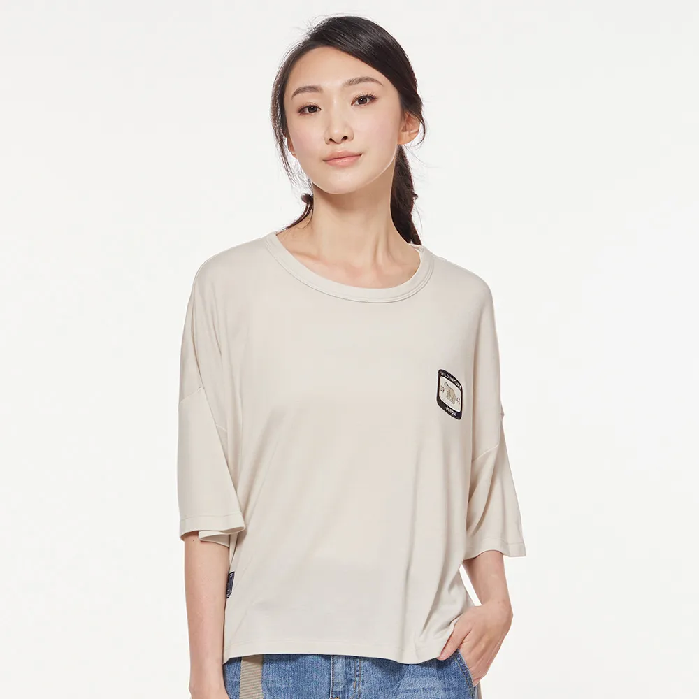 【JEEP】女裝 天絲棉涼感寬版五分袖T恤(淺卡其)