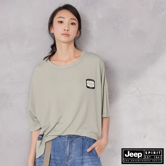 【JEEP】女裝 天絲棉涼感寬版五分袖T恤(綠色)