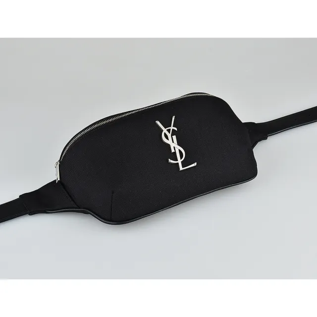 【YSL】YSL 復古金屬字LOGO帆布拉鍊腰包(黑)