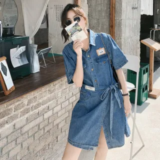 【UniStyle】現貨 韓系個性貼標單邊雙裙襬設計遮肉顯瘦短袖牛仔連身洋裝 女 ZM302-Q8955(藍)