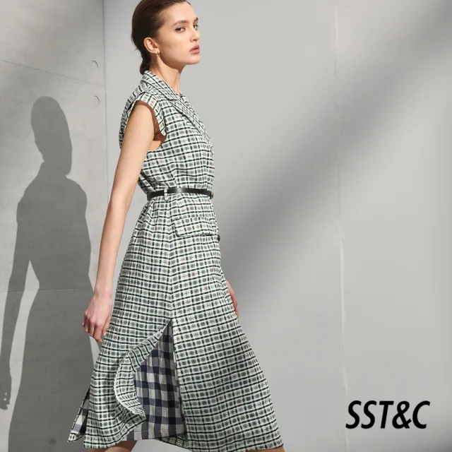 【SST&C】女裝 綠色格紋西裝領開襟長洋裝8562205002(雙11精選)