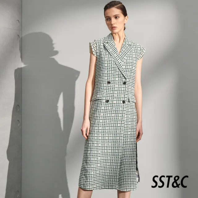 【SST&C】女裝 綠色格紋西裝領開襟長洋裝8562205002(雙11精選)