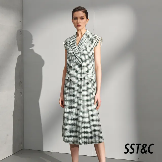 【SST&C】女裝 綠色格紋西裝領開襟長洋裝8562205002(雙11精選)