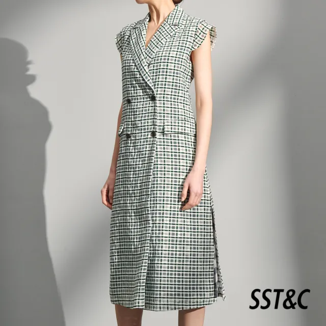 【SST&C】女裝 綠色格紋西裝領開襟長洋裝8562205002(雙11精選)