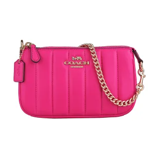 【COACH】COACH 經典馬車LOGO絎縫設計小牛皮拉鍊鏈帶手拿包(桃紅)