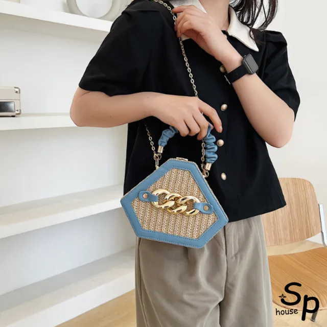 【Sp house】雙11 流行拼接草編鍊條六角形手提側肩包斜背包(6色可選)