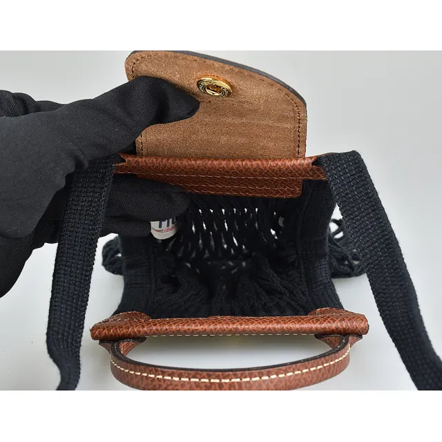 【LONGCHAMP】LONGCHAMP LE PLIAGE FILET經典壓印LOGO棉質飾牛皮邊扣式手提斜背網狀包(迷你/黑)