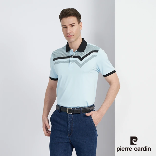 【pierre cardin 皮爾卡登】商務休閒 男款 吸濕排汗彈性胸前印花合身短袖POLO衫-水藍色(5227208-35)