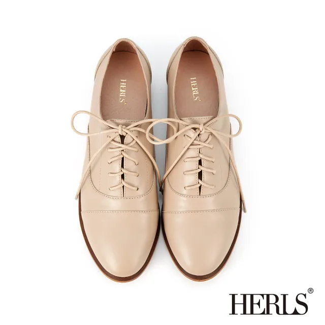 【HERLS】牛津鞋-全真皮簡約拼接橢圓頭素面牛津鞋(奶茶色)