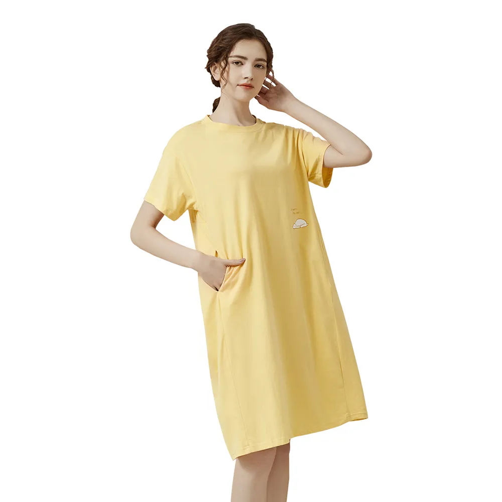 【漫時光】女生純棉寬鬆顯瘦打摺收腰短袖睡裙 黃色北極熊 M-L G108(流行睡衣/居家服/中長裙)