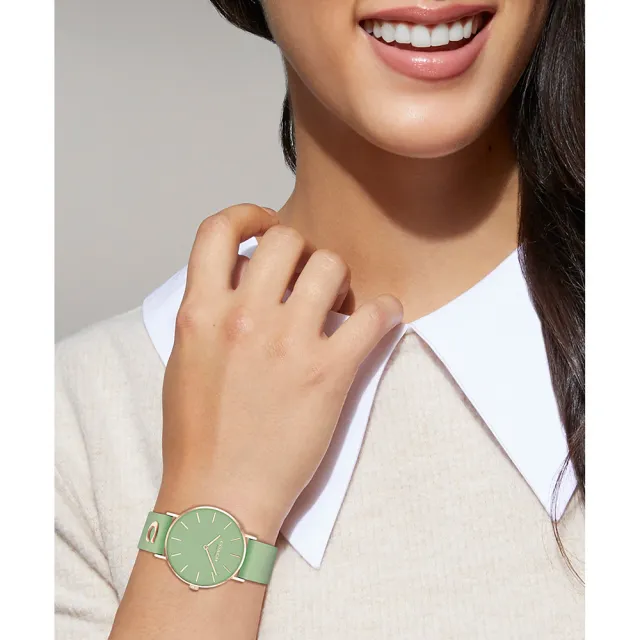 【COACH】Perry 品牌C字皮錶帶女錶-玫瑰金x萊姆綠(CO14503921)