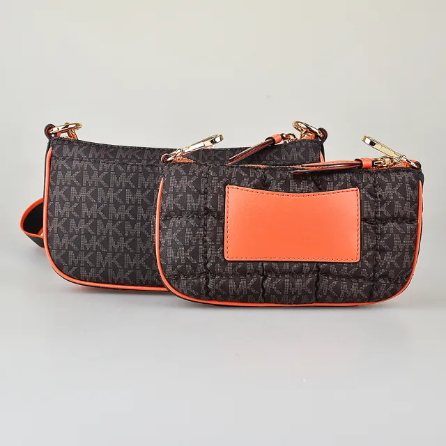 【Michael Kors】MK MICHAEL KORS金字LOGO格紋設計印花PVC拼皮革拉鍊四合一斜背包(深褐x橘)