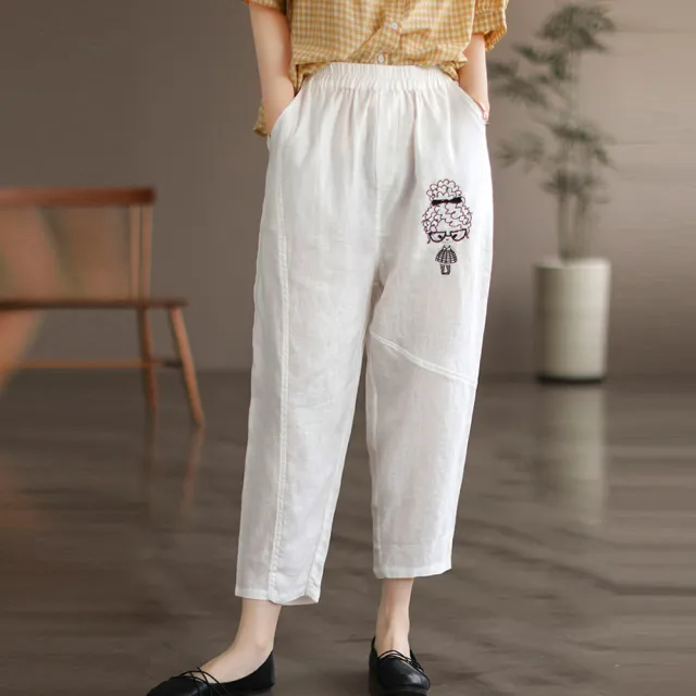 【ACheter】女孩手工刺繡大碼燈籠棉麻休閒褲#112937現貨+預購(4色)
