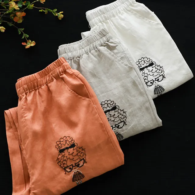 【ACheter】女孩手工刺繡大碼燈籠棉麻休閒褲#112937現貨+預購(4色)