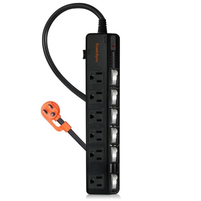 【PowerSync 群加】6開6插 4.5M黑色-防雷擊抗搖擺延長線(TPS366BN0045 斜面開關 加大間距)