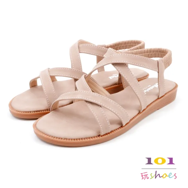 【101 玩Shoes】mit. 大尺碼個性線條後鬆緊平底涼鞋(棕色/粉色/米色.41-44碼)
