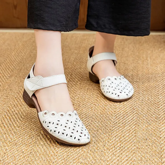 【Taroko】菱格紋鏤空夏季舒適圓頭真牛皮涼鞋(2色可選)
