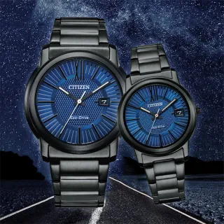 【CITIZEN 星辰】光動能情侶手錶 對錶-海軍藍 男錶 畢業禮物(AW1217-83L+FE6017-85L)
