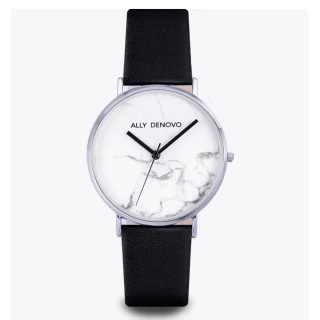 【ALLY DENOVO】Carrara Marble白大理石銀框黑真皮錶帶(AM5010.1)