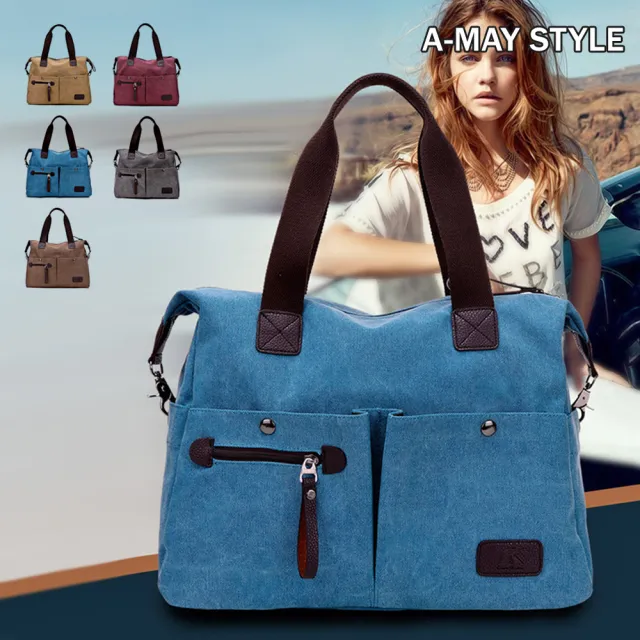 【Amay Style 艾美時尚】女包 側背包 簡約帆布大容量肩背托特包(5色.現貨+預購)