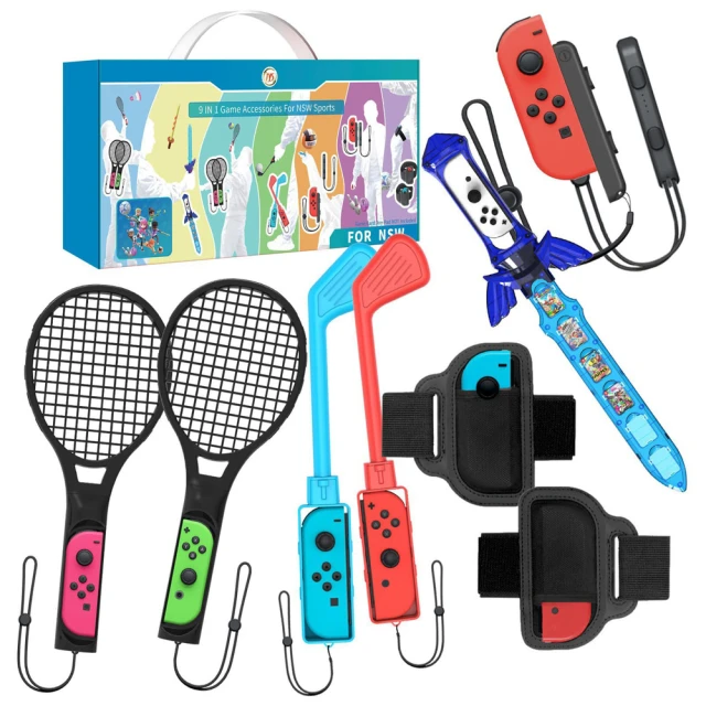 Nintendo 任天堂 switch sport 9合1 運動套件 遊戲手柄運動 NS配件套裝(腿帶 網球拍 羽球 高爾夫球)