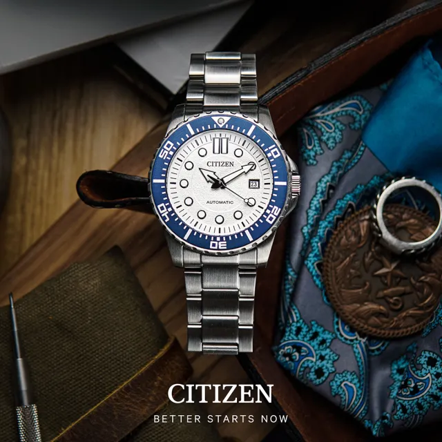 【CITIZEN 星辰】Mechanical系列繽紛色系水鬼錶圈經典鋼帶機械錶(43mm兩年保固)
