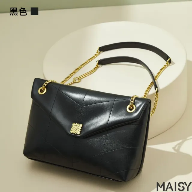 【MAISY】經典百搭真皮鍊條郵差包(真皮包包 現+預  綠色／白色／黑色／米色)