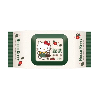 【SANRIO 三麗鷗】Hello Kitty 凱蒂貓 綠茶香氛有蓋柔濕巾/濕紙巾 30抽X18包(加蓋)