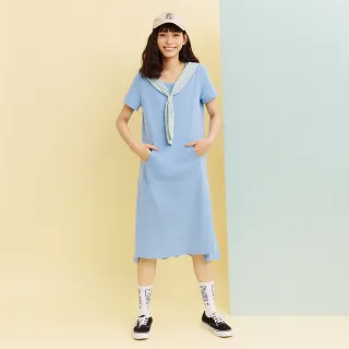 【Dailo】格紋領結波浪擺休閒-女短袖洋裝 領結 藍 黑 綠(三色/魅力商品/版型適中)