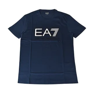 【EMPORIO ARMANI】EMPORIO ARMANI印花白黑字LOGO純棉短袖T恤(男款/深藍)