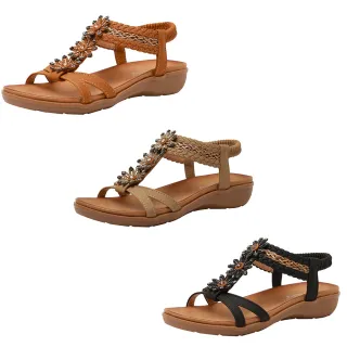 【Taroko】雛菊編織水鑽坡跟舒適涼鞋(3色可選)