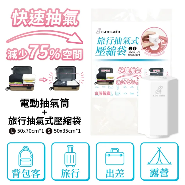 【百特兔寶】電動抽氣機+旅行抽氣式壓縮袋Lx1/Sx1組合包(旅行/背包客/出差/露營/旅行壓縮)