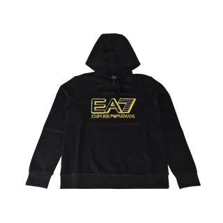 【EMPORIO ARMANI】EMPORIO ARMANI EA7黃字LOGO字母純棉連帽T恤(男款/黑)