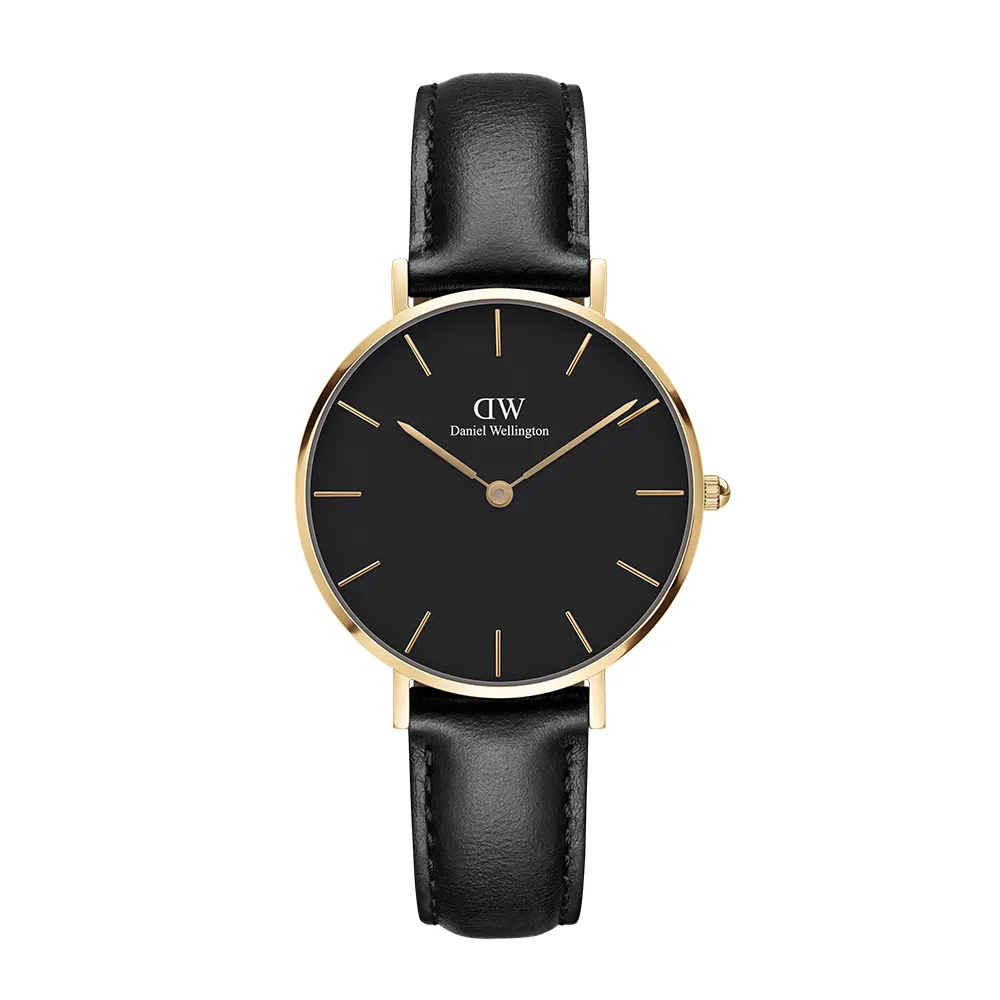 【Daniel Wellington】DW 手錶  Petite Sheffield 32mm爵士黑真皮皮革錶-香檳金框(DW00100547)