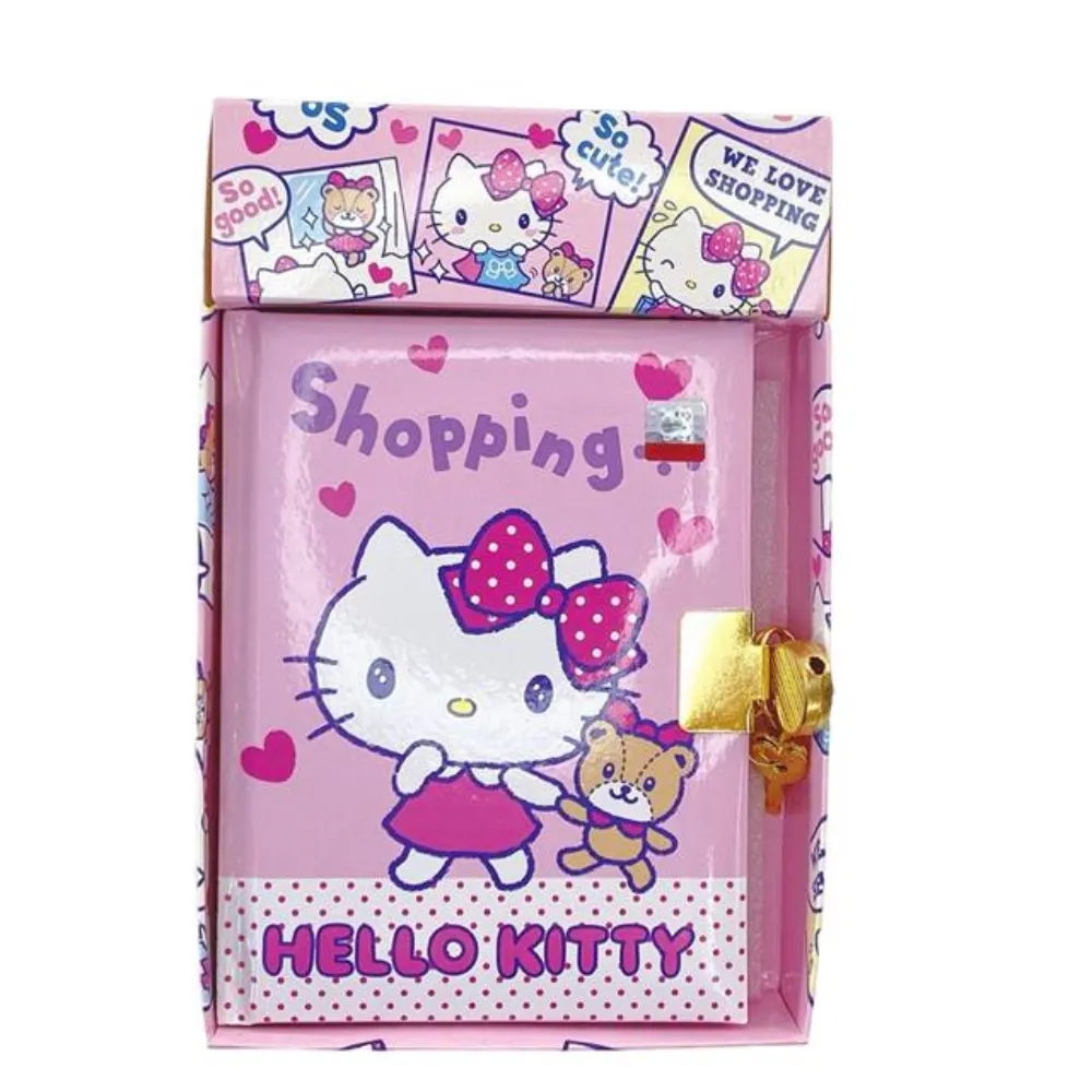 【小禮堂】Hello Kitty 硬殼筆記本附鎖 《粉盒裝款》(平輸品)