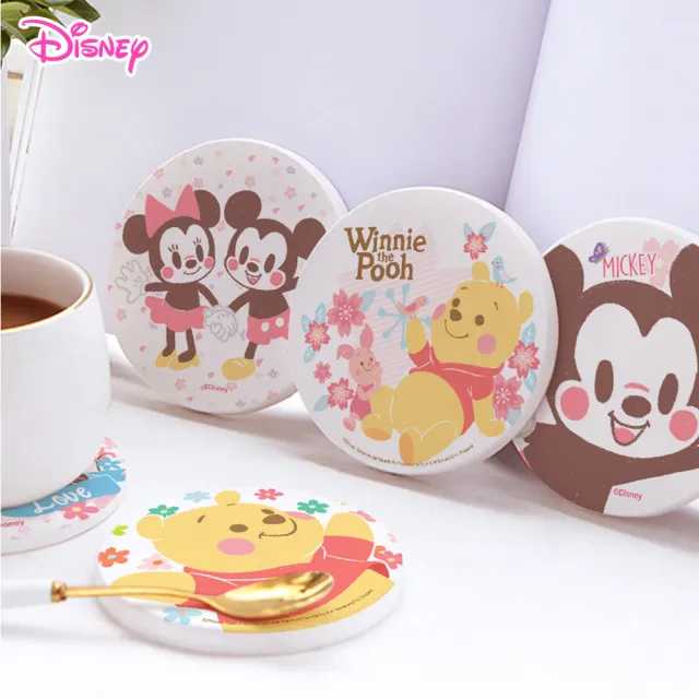 【SONA森那家居】Disney 迪士尼2019圓形櫻花珪藻土杯墊2入組(10x10x0.9 維尼/米奇米妮快乾吸水)