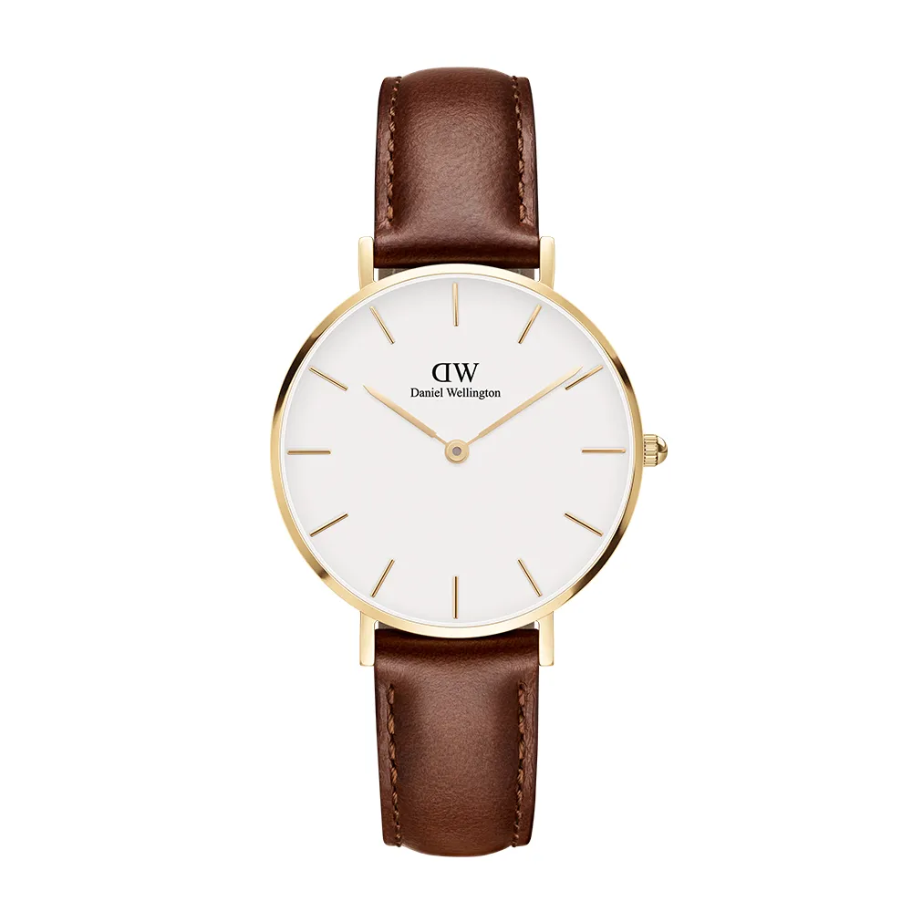 【Daniel Wellington】DW 手錶  Petite St Mawes 32mm棕色真皮皮革錶-香檳金框(DW00100550)