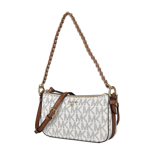 【Michael Kors】MK MICHAEL KORS JET SET金字LOGO拼色PVC滾邊牛皮4合1斜背子母包(香草白x橡子棕x柑橘)