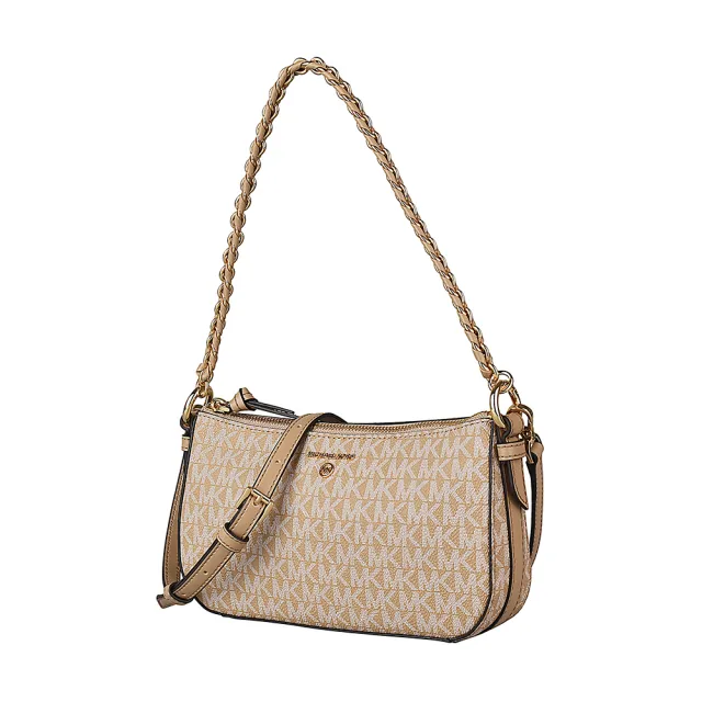 【Michael Kors】MK MICHAEL KORS JET SET金字LOGO PVC衍縫牛皮拉鏈扣式4合1斜背子母包(駝)