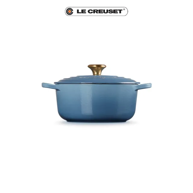 Le Creuset】典藏琺瑯鑄鐵鍋圓鍋20cm(藍色迷霧-金頭-內鍋白) - momo