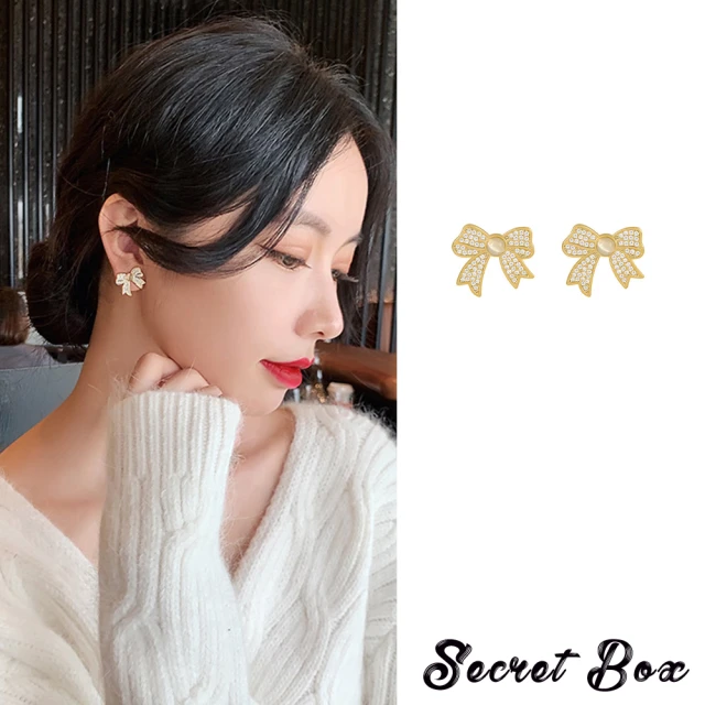 【SECRET BOX】韓國設計925銀針閃耀滿鑽貓眼石蝴蝶結造型耳環(925銀針耳環 貓眼石耳環 蝴蝶結耳環)